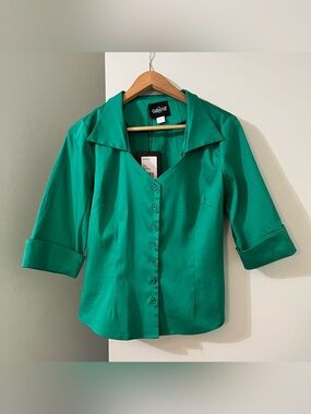 NWT Collectif London Emerald Green Vintage-Style Button Front Blouse size UK 14